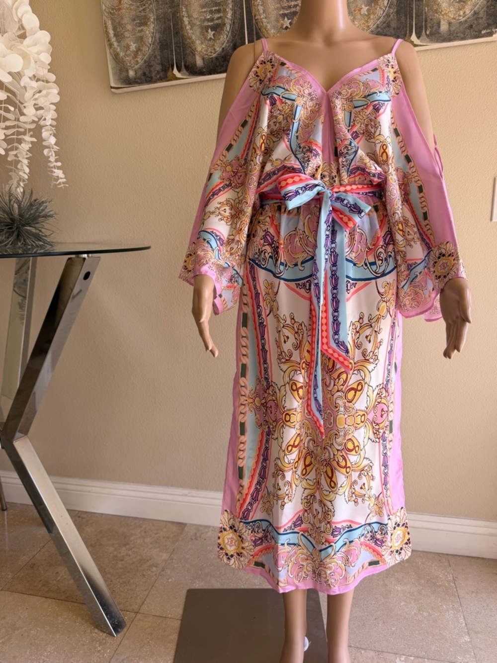 Pink Multi-Color Cold-Shoulder Tie-Waist Maxi Dress